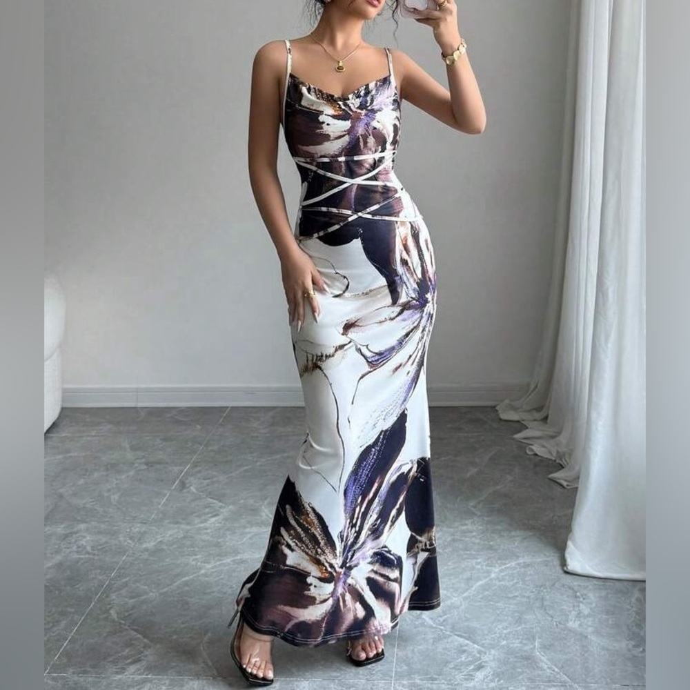 NEW Floral Tie Waist Spaghetti Strap Bodycon Maxi Dress